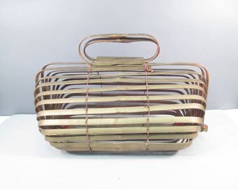 Vintage bamboo purse, slat purse, Japan 1960s, cage purse, gold and red, basket purse, folding, collapsable