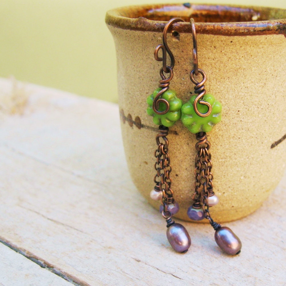 Green Flower chain dangle earrings Czech glass flower dangle