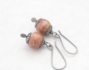 blush pink dangle earrings, kazuri and silver dangle earrings, rustic dangle earrings