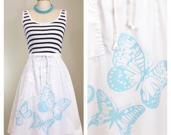 80s Turquoise Butterfly White A-line Wrap Skirt, Size Small
