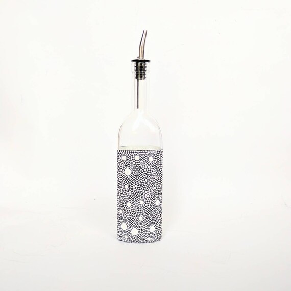 Black and White Painted bottle with spout olive oil bottle