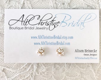 Pearl stud bridal earrings, Rhinestone stud earrings, pearl and rhinestone stud earrings, tiny bridal earrings, petite bridal earrings,