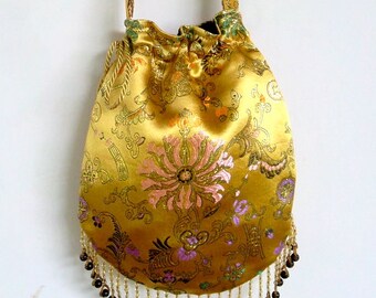 Yellow Satin Boho Bag with Beads Hippie Bag Boho Bead Bag Shoulder Bag Drawstring Bag