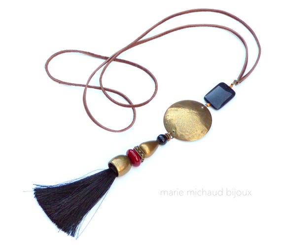 Boho necklace with tassel,Hippie chic necklace,Bohemian necklace with tassel,Silk tassel necklace,Silk and leather necklace,Fall jewelry