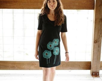 SUMMER SALE tshirt dress, black dress, black cotton dress, summer dress, turquoise screenprint