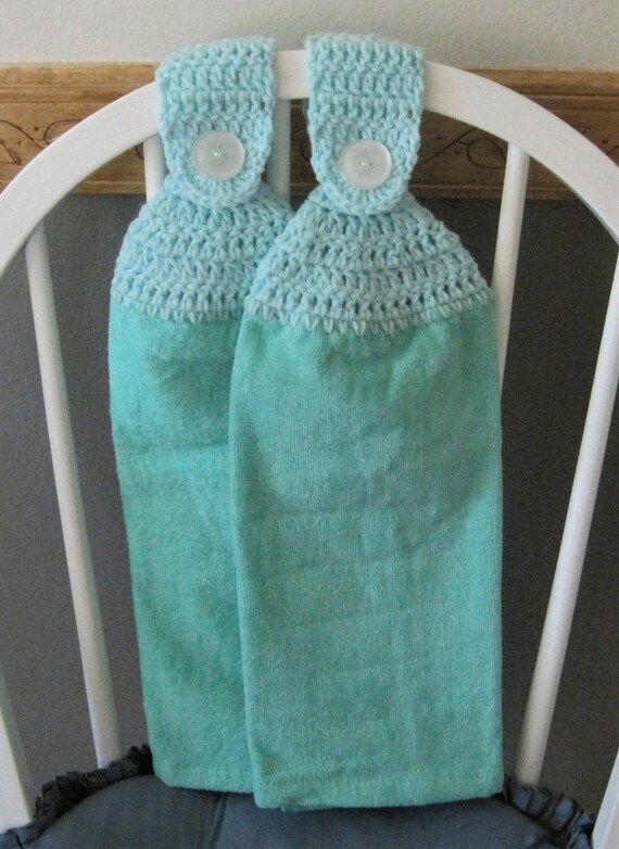 2 Crocheted Hanging Kitchen Towels Mint Green