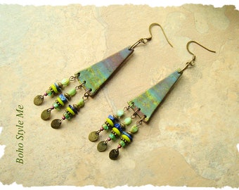 Bohemian Earrings Carnelian Peridot and Polymer Clay Art