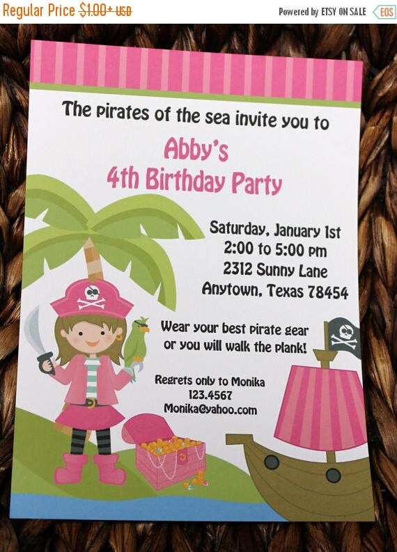 SALE Pink Pirate Birthday Party Invitations With Brunette Hair Il_570xn