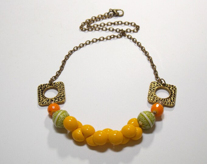 Yellow Beaded Choker Necklace Boho Summer Czech Glass Beaded Necklace Vintage Green Orange Hand Knotted Brass Beaded Colorful Jewelry