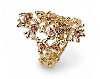 SEA SPRAY 14k Gold Tourmaline Ring, Pink Tourmaline Ring, Gold Statement Ring, Dainty Gold Ring, Italian Fine Jewelry