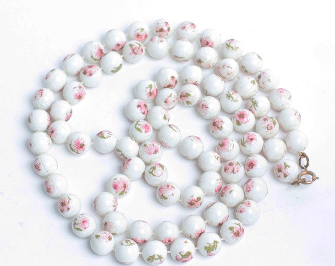 Pink Flowers White Beads Necklace Extra Long 42 Inches Flapper Length Vintage