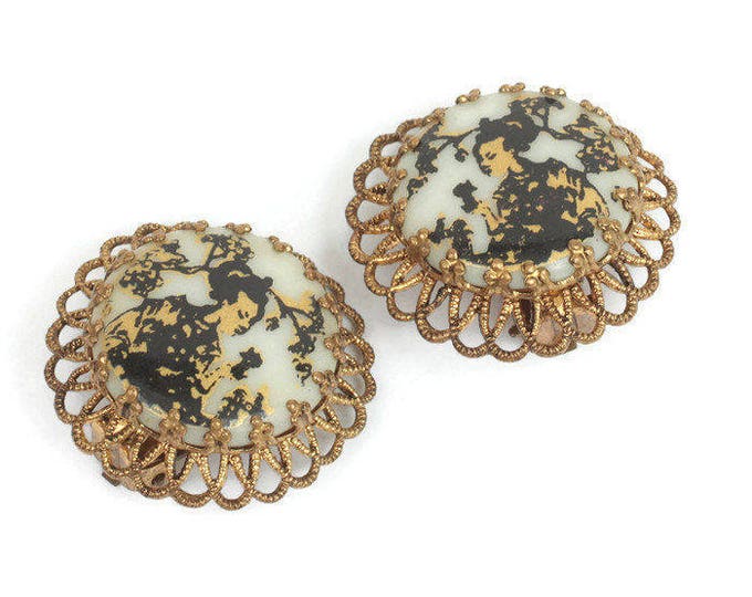 Japanese Geisha Earrings Cherry Blossoms Black and Gold W Germany Clip Style