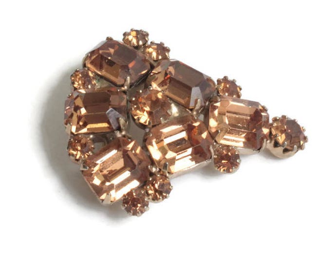 Golden Brown Topaz Rhinestone Brooch Fan Shaped Triangular Prong Set Stones Vintage