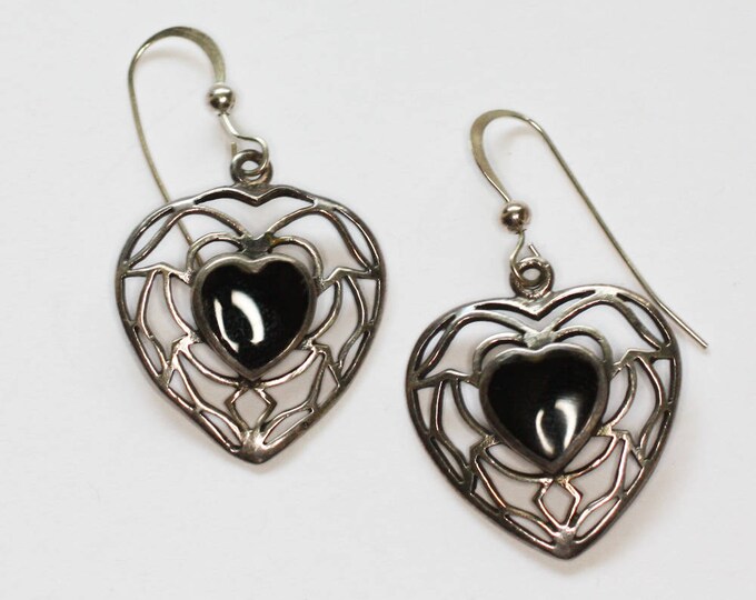 Onyx Heart Dangle Earrings Sterling Silver Pierced Ears Filigree Vintage