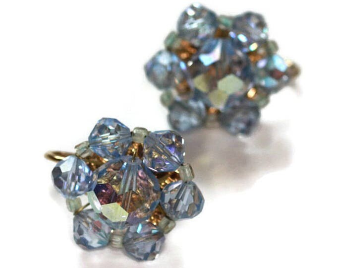 Blue AB Crystal Earrings Beads Clip On Vintage