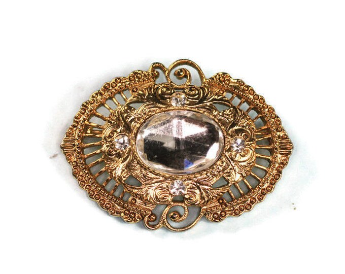 Victorian Revival Filigree Brooch Clear Cabochon Center 1928 Jewelry Company Vintage