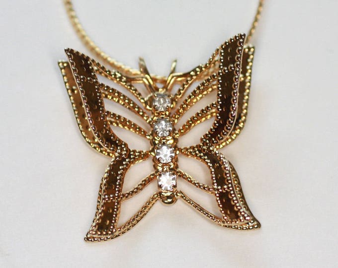 Butterfly Filigree Pendant Necklace Clear Rhinestones Dimensional Design Vintage