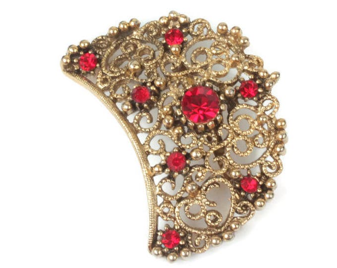 Red Rhinestone Filigree Brooch Crescent Shape Signed JJ Vintage