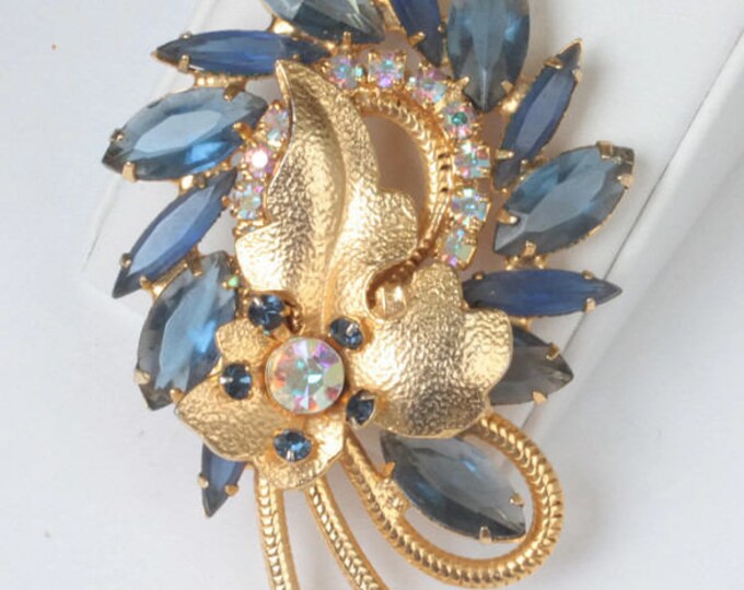 Juliana D and E Blue Rhinestone Brooch Gold Leaf Accent Wide and Narrow Navettes Book Piece 1962