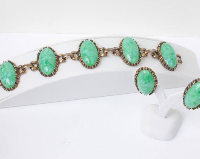 Green Peking Glass Bracelet Earrings Set Bold Chunky Boho Vintage