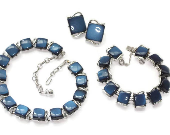 Coro Thermoset Midnight Blue Necklace Bracelet Earrings Set Parure Silver Tone Metal Mid Century Modern