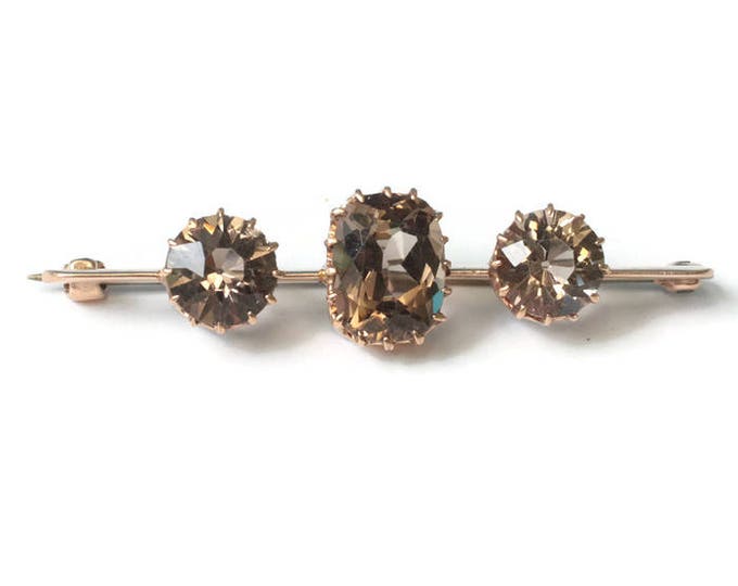Smoky Quartz Bar Pin 14K Gold Three Gemstones Victorian Brooch Antique