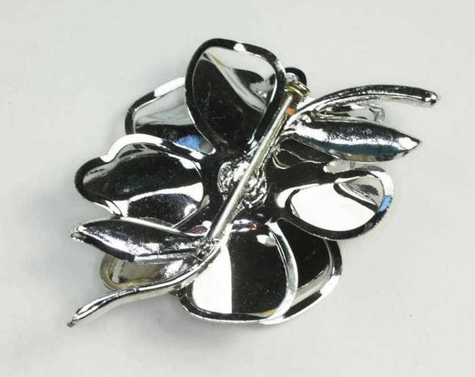 Mod Silver Tone Floral Brooch Faux Pearl Dimensional Vintage