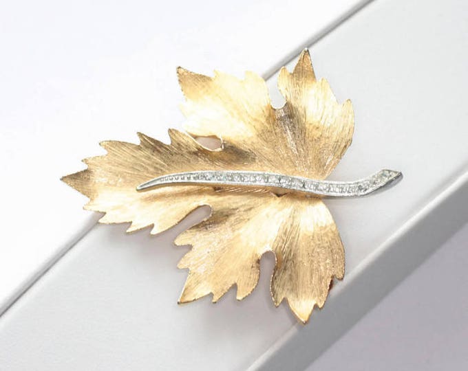 Gold Tone Maple Leaf Brooch Dimensional Clear Rhinestone Accents Vintage