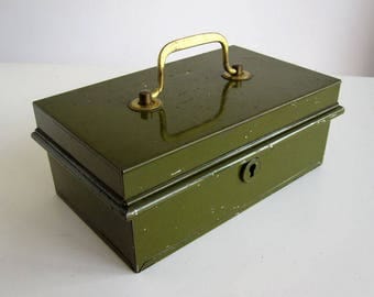 Vintage metal cash box with insert / petty cash, money box with brass handle