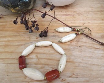 Another Look: an ethnic tribal adornment, bracelet and earrings, bone and cornelian !!!!!