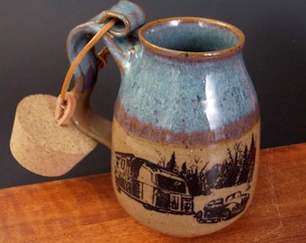 Stoneware Travel Mug With Cork ~ VW Towing Airstream Trailer Design ~
