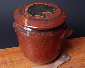 Large Stoneware French Butter Crock With Clay Knife ~ Big Bear Design ~ holds 2 sticks