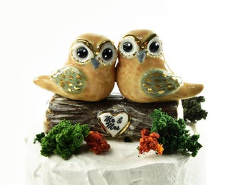 Owl wedding cake topper with 24k gold trim, hand crafted by Anita Reay Woodland wedding bridal shower cake topper Owl always love you