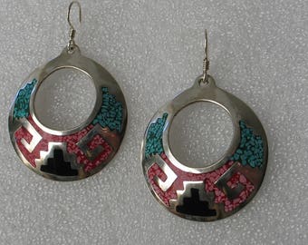 Vintage Inlay and Alpaca 1 1/2" Hoop Earrings