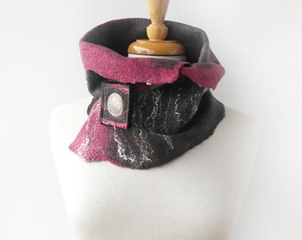 Grey Wool Felt Scarf - Pink and Gray Neckwarmer with Scarf Pin - Felted Scarves