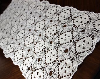 Hand Crochet Runner, Lacy Crocheted Table Scarf, Hand Made, Vintage Linens 13977