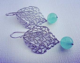 Ox Silver Filigree And Green Glass Earrings