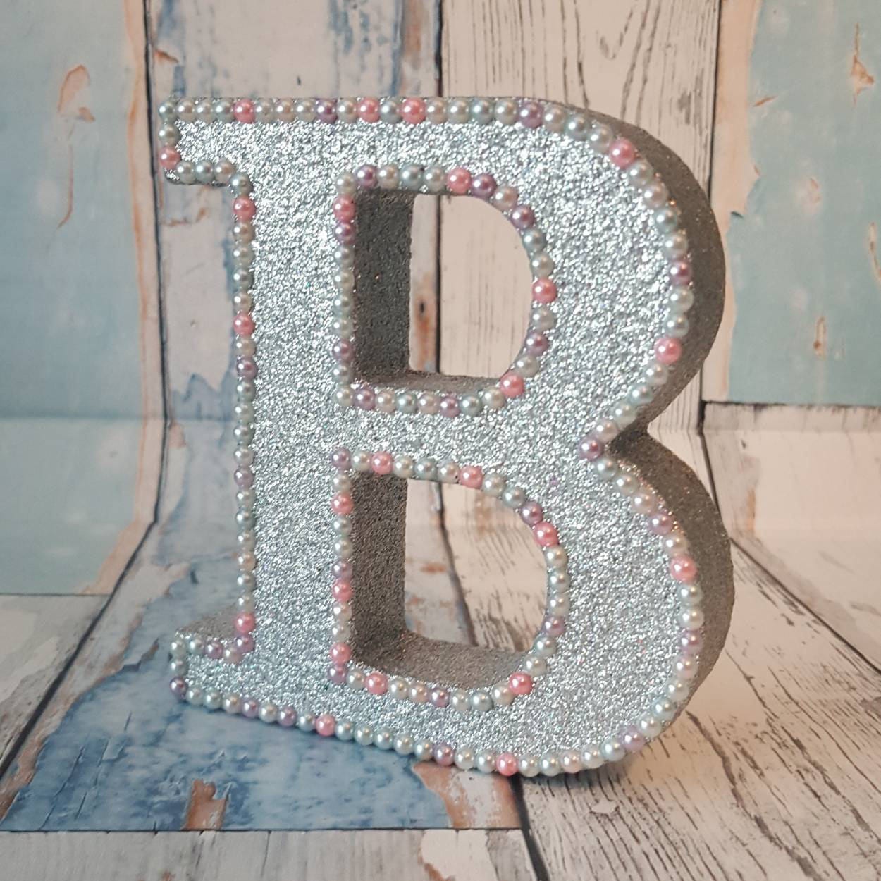 Freestanding Letter B Holographic Silver Glitter And Pearl