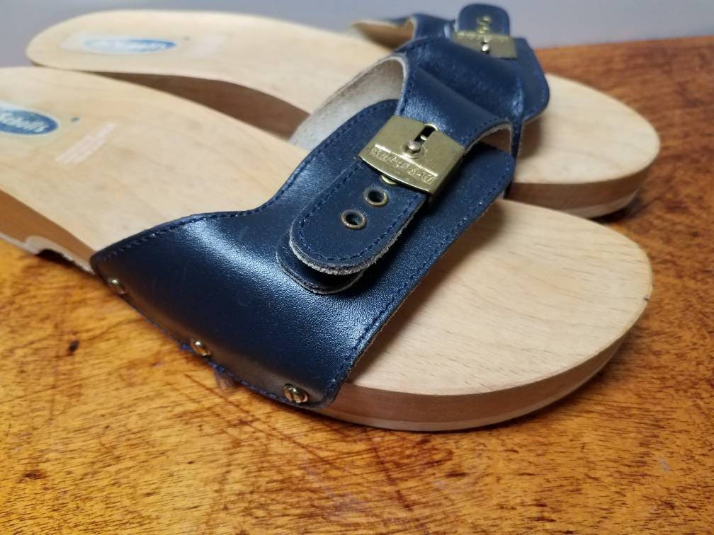 Vintage Dr Scholl Sandals Navy Blue Leather Womens Size 10