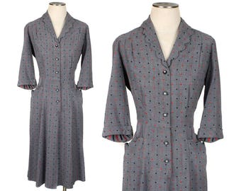 vintage 1940s polka dot dress • scalloped big pockets tailored wool • size large
