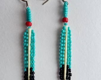 Summer sale Beaded feather porcupine quill earrings Turquoise Red and Black