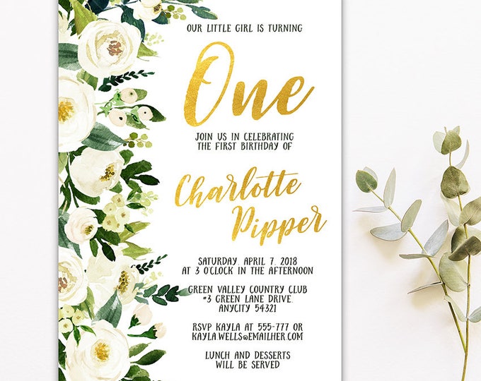 Dainty White Watercolor Floral Birthday Invitation First Birthday, Sweet Sixteen, 30th 50th 60th 70th 80th Any Age Printable Birthday Invite