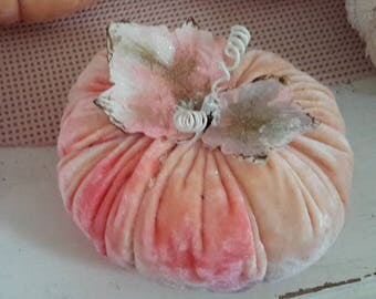 PEACH PUMPKIN 6 1/2" cottage shabby crushed velvet handmade autumn decor BONUS