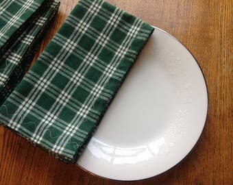 Cloth Dinner Napkins, Set of 4 Napkins, Cotton Dinner Napkins, Green and White Napkins