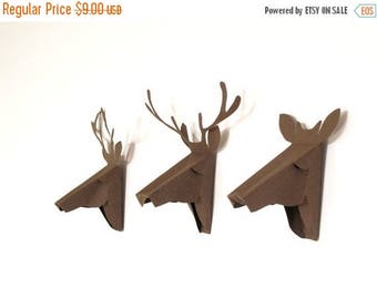 set of 3 faux deer head, faux taxidermy , greeting card, brown