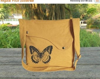 On Sale 20% off Yellow canvas shoulder bag, messenger bag, crossbody bag, travel bag with butterfuly printed, personalized screen print bag
