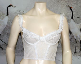 Vtg 70s White Scallop Lace Bralette Top / ANTINEA Made in France / Size 32 B