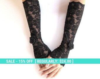 SUMMER SALE Black lace gloves long mittens fingerless cuffs elastic gloves