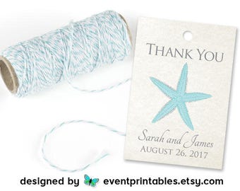 Printable Beach Wedding Favor Tags, Starfish Thank You Tags, Bridal Shower Gift Tags, Personalized Wedding Tags by Event Printables