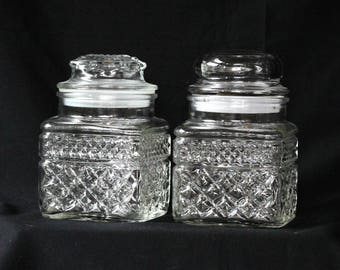 Vintage Glass Jars Canisters Square with Plastic Seals | Decorative Storage Jars Bath or Kitchen Embossed with Geometrics | Anchor Hocking